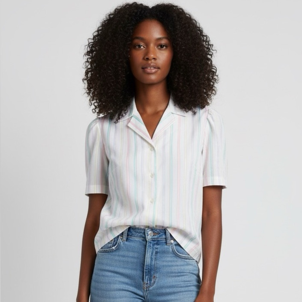 Jessica Scott Vintage 80s Pastel Striped Short Sleeve Blouse